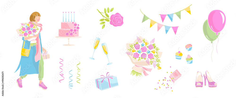 Women with bouquet and gift box, set elements about birthday and celebration. Champagne glasses, cake with candles, balloons, rose flowers. vector illustration with colour abstract shapes.