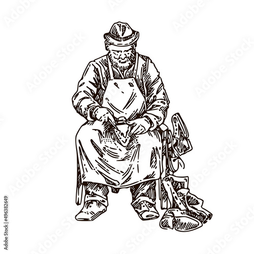 Shoemaker. A sitting man repairs shoes. Sketch. Engraving style. Vector illustration.