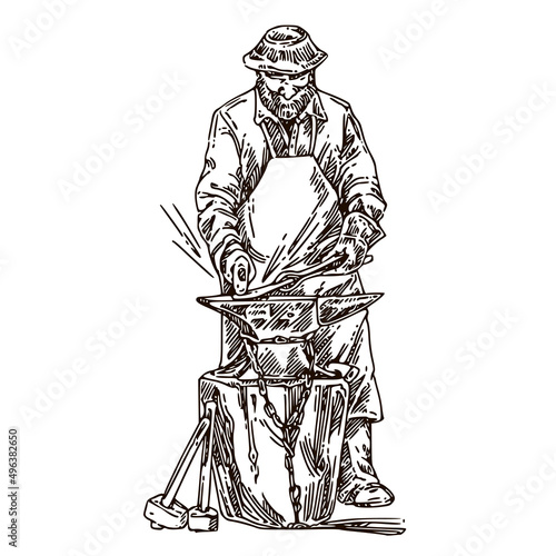 Blacksmith. Standing man in a work apron is forging iron on an anvil. Sketch. Engraving style. Vector illustration.