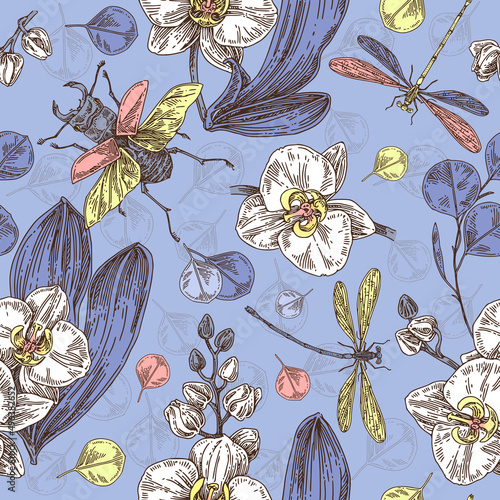 Vintage blue seamless pattern with orchids, leaves eucaliptus, dradonfly and stag beetle. Color. Vector illustration.