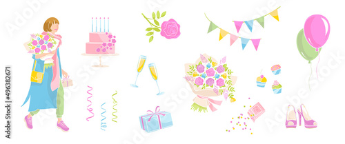 Women with bouquet and gift box, set elements about birthday and celebration. Champagne glasses, cake with candles, balloons, rose flowers. vector illustration with colour abstract shapes.