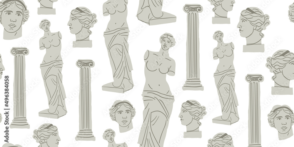 Antique marble statue of woman, column, branch, amphora. Mythical, ancient greek style. Hand drawn trendy Vector illustration. Square Seamless Pattern. Background, wallpaper, poster template Antique marble statue of woman, column, branch, amphora. Mythical, ancient greek style. Hand drawn trendy Vector illustration. Square Seamless Pattern. Background, wallpaper, poster template