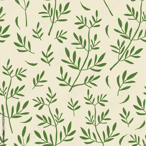 Herb leaves random placed seamless pattern. Vector branches on sage green background all over print.