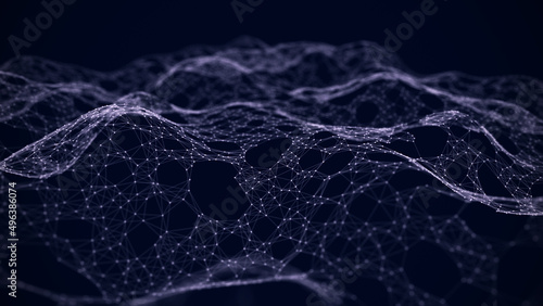 Low poly shape with connecting dots and lines on dark purple background. Abstract polygonal space, dark background with connecting dots and lines. 3d rendering. Big data visualization.