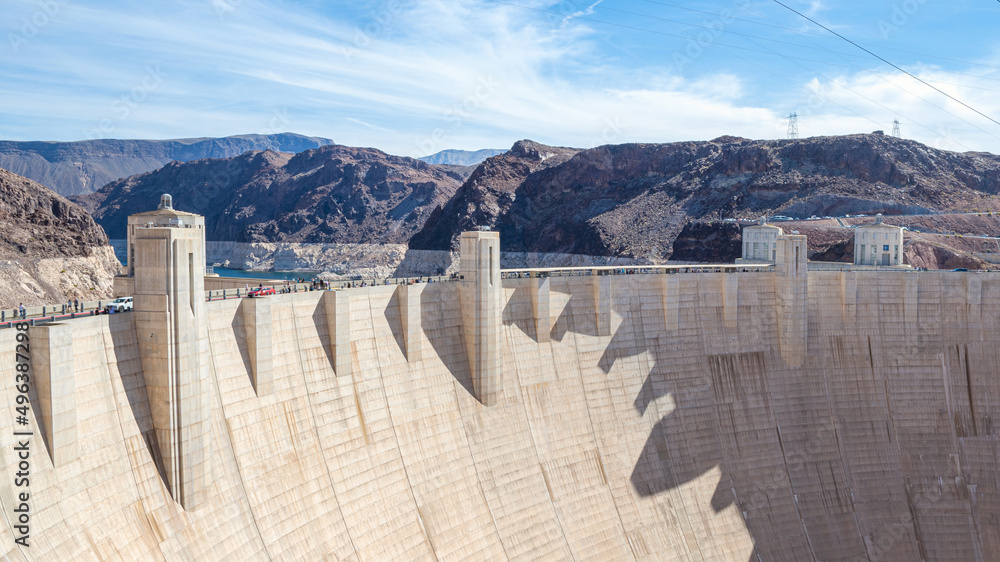 Hoover Dam, a concrete arch-gravity dam located on the Nevada and Arizona border