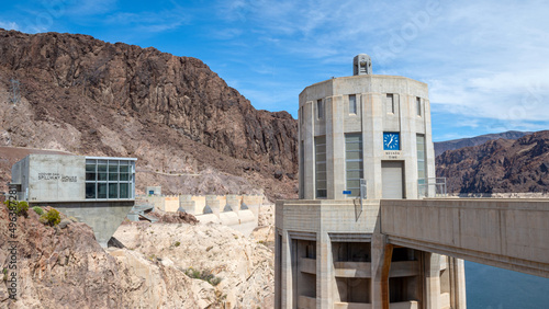 Hoover Dam, a concrete arch-gravity dam located on the Nevada and Arizona border