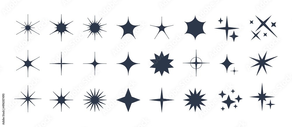 Minimalist silhouette stars icon, twinkle star shape symbols. Modern geometric elements, shining star icons, abstract sparkle black silhouettes symbol vector set - obrazy, fototapety, plakaty 