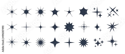 Minimalist silhouette stars icon, twinkle star shape symbols. Modern geometric elements, shining star icons, abstract sparkle black silhouettes symbol vector set photo