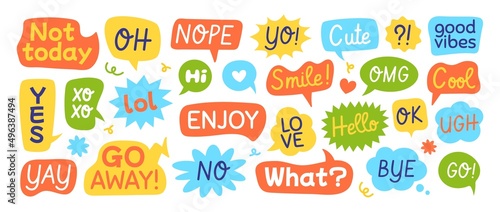 Colorful speech bubble with funny text, chat balloons in different shapes. Comic cloud talk bubbles with phrases and messages, doodle dialog balloon, conversation message stickers vector set