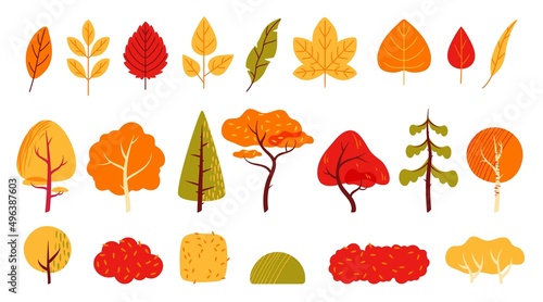 Flat minimal autumn trees, bushes and leaves, forest tree, fallen maple and oak leaf. Garden or city park plants, yellow and orange foliage, fall season nature landscape elements vector set