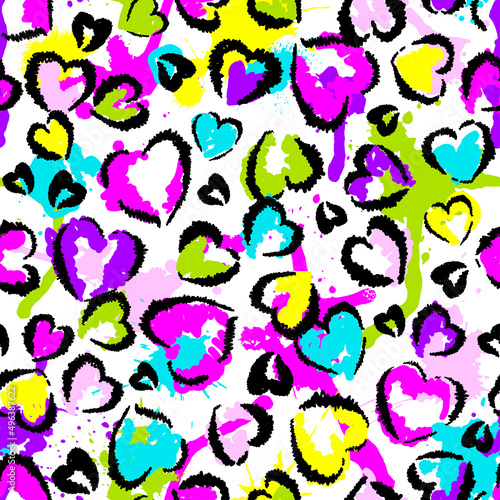Abstract seamless chaotic leopard print with hearts elements. Grunge texture background. Wallpaper for girls. Fashion style pattern