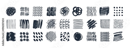 Hand drawn brush stroke doodles, abstract ink scribble textures. Marker and chalk strokes doodle, trendy texture graphic elements with dots, lines and swirls vector set