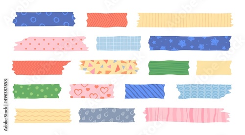 Washi tape with cute patterns, adhesive scotch stripes for scrapbooking. Japanese masking tapes with dots, stars and hearts, colorful mask strips for scrapbook decor vector set photo