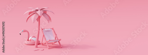 Stampa su tela Beach chair and pink flamingo under a palm tree on pink background