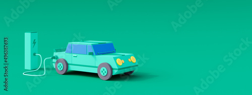 Electric car connected to power station charger on green background 3D Render 3D Illustration