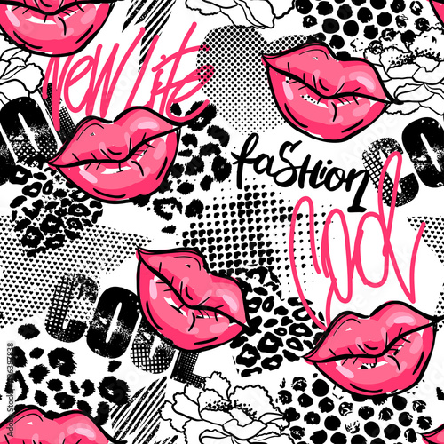 Abstract seamless fashion pattern for girl. Style modern background with  lips, words, graffiti