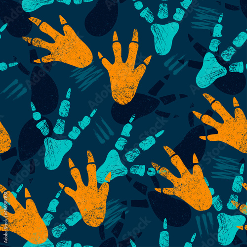 Dinosaur footprint tracks. Grunge 
 abstract seamless pattern. Background with paw, claw predator. Print llustration perfect for textile, wrap and wallpaper and design