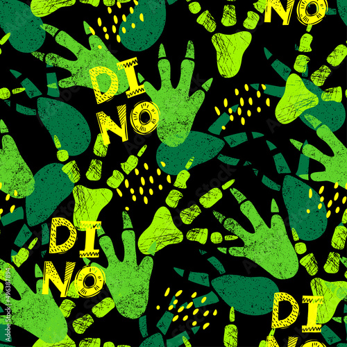 Dinosaur footprint tracks. Grunge 
 abstract seamless pattern. Background with paw, claw predator. Print llustration perfect for textile, wrap and wallpaper and design