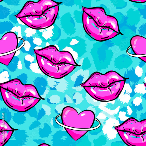 Abstract seamless pop style pattern. Beauty repeated backdrop. Girlish wallpaper. Leopard print and kiss lips. Colorful cartoon style 