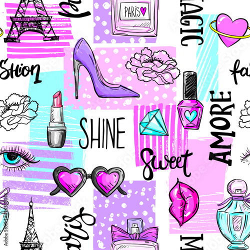 Fashion Seamless Pattern for woman with perfume, lipstick, nail polish, shoes, lips and other elements. Girl abstract print hand drawing style Background