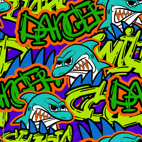 Grunge seamless pattern with cool shark and graffiti text on dark background. Print for boys