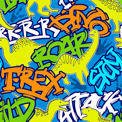 Grunge seamless pattern with dinosaur and graffiti words on blue background. Print for boys