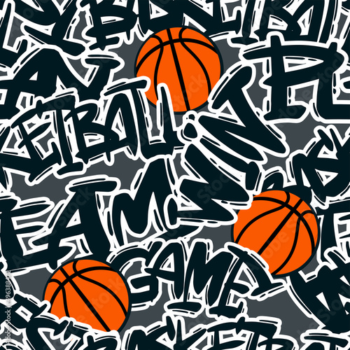 Abstract seamless grunge pattern for guys. Urban style modern background with basketball and slogans. Sport extreme style creative wallpaper