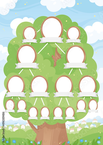 Family tree illustration for post card or poster. Hand drawn vector colorful cartoon style