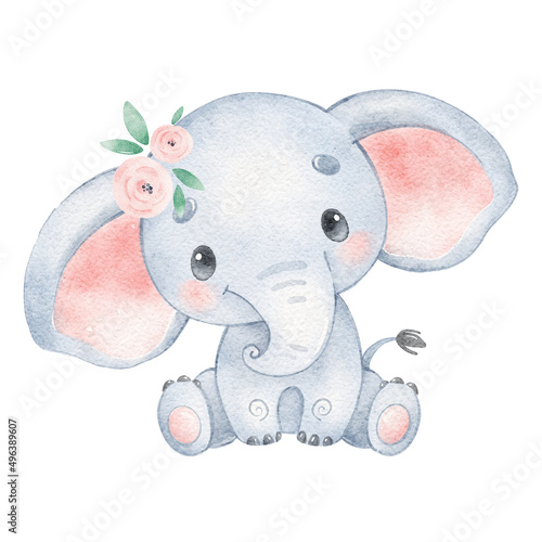 Photography Watercolor illustration of a cute cartoon elephant