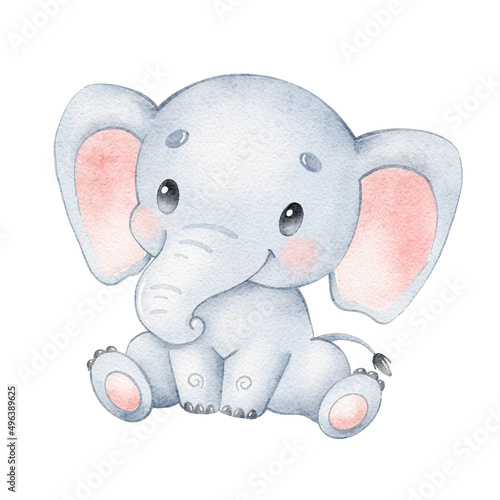 Watercolor illustration of a cute cartoon elephant. Cute tropical animals.