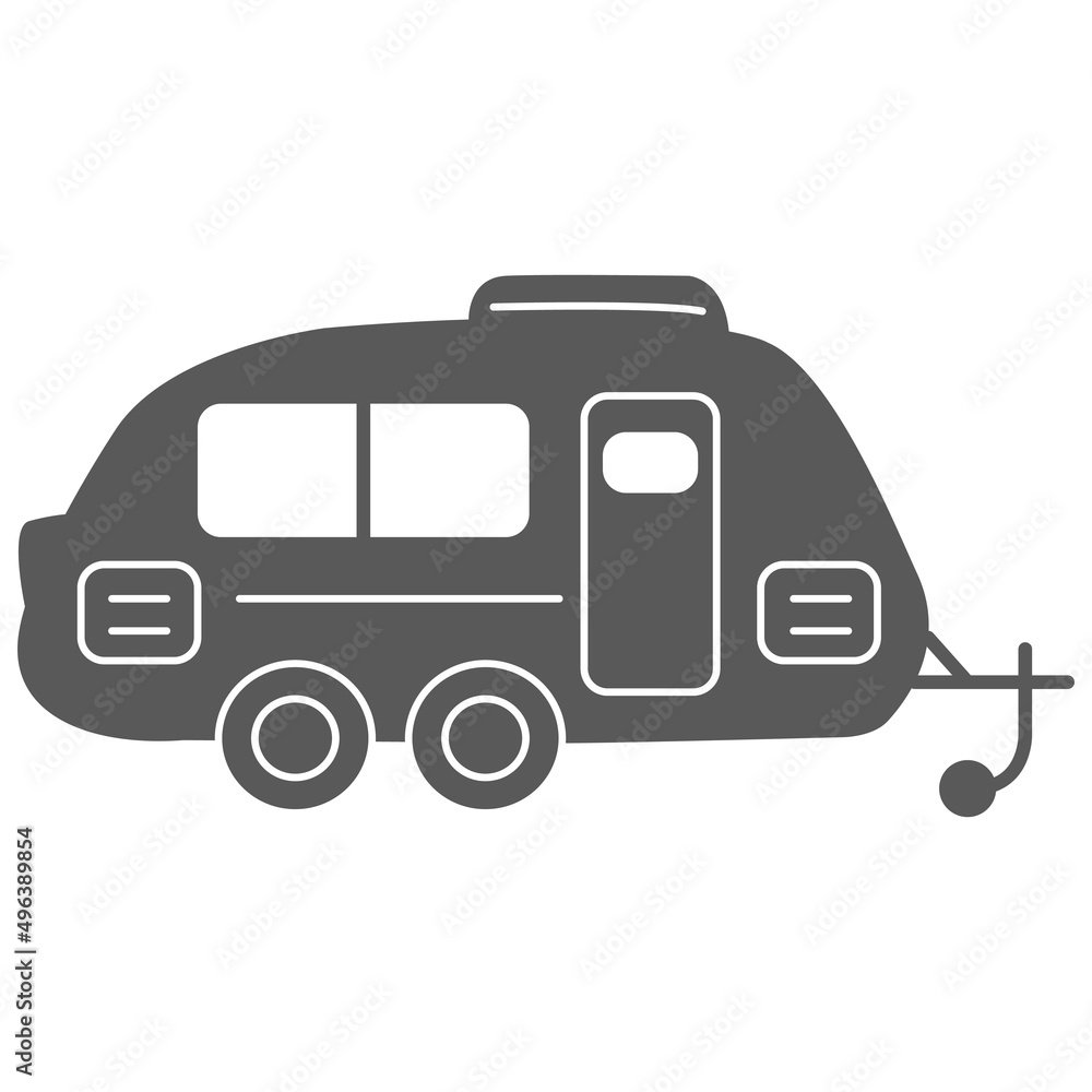 Black silhouette trailer Rv.Home camper.Symbol for a mobile application or website.Isolated on white background. Vector flat illustration. Black silhouette trailer Rv.Home camper.Symbol for a mobile application or website.Isolated on white background. Vector flat illustration.