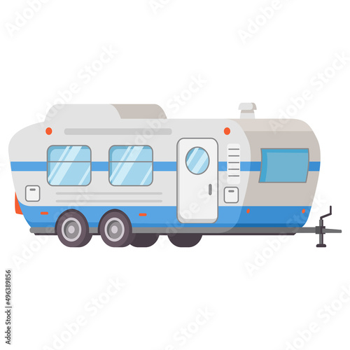 Camping badge design.Rv camping trailer.Travel trailer for outdoor adventures. View from side.Vector flat illustration. Isolated on white background.