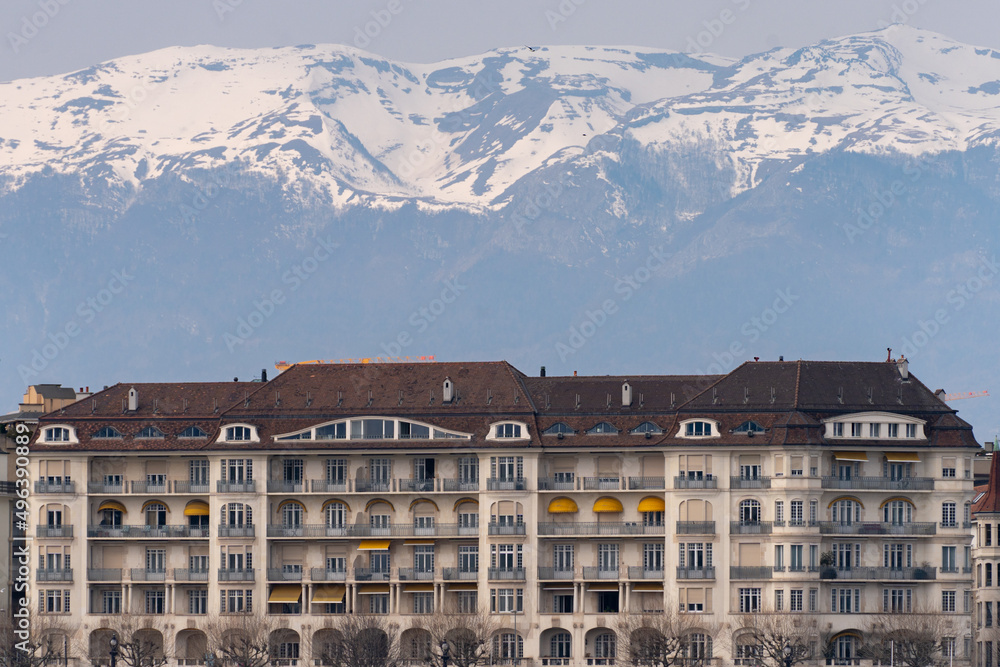 Buildings with the Swiss Alps in the background, Geneva