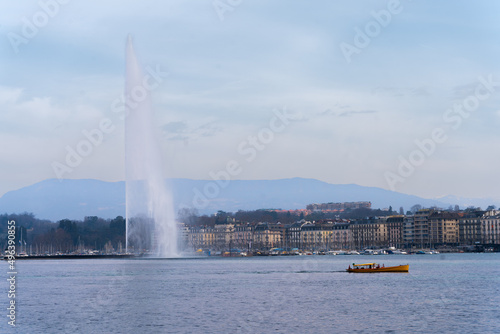 Panoramic view of the jet d'eau in Geneva, Switzerland.
