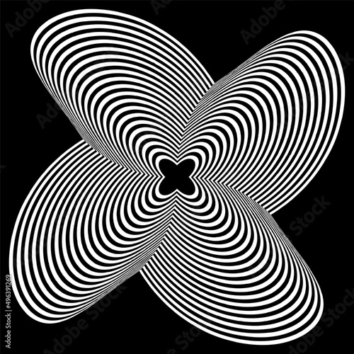 Op-art, optical, visual art vector element. Black and white abstract geometric twisted shape