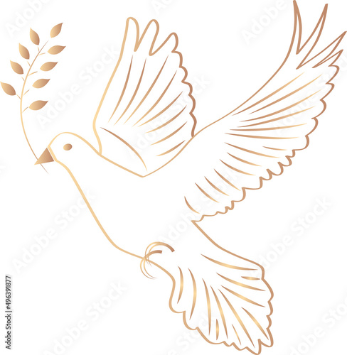 Vector dove of peace with olive branch in beak; Linear golden pigeon as symbol of hope and peace in the world on white background