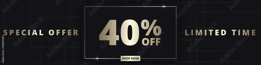 40 off sale banner. Special offer limited time 40 percent off. Sale discount offer. Luxury promotion banner with golden typography forty percent discount on black background. Vector illustration 40 off sale banner. Special offer limited time 40 percent off. Sale discount offer. Luxury promotion banner with golden typography forty percent discount on black background. Vector illustration