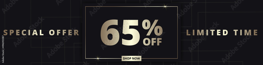 65 off sale banner. Special offer limited time 65 percent off. Sale discount offer. Luxury promotion banner with golden typography sixty five percent discount on black background. Vector illustration 65 off sale banner. Special offer limited time 65 percent off. Sale discount offer. Luxury promotion banner with golden typography sixty five percent discount on black background. Vector illustration