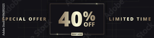 40 off sale banner. Special offer limited time 40 percent off. Sale discount offer. Luxury promotion banner with golden typography forty percent discount on black background. Vector illustration