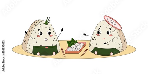 Cute onigiri couple having a Japanese picnic and talking. Triangle Japanese rice ball wrapped with nori seaweed.  Japanese manga style. Vector illustration.