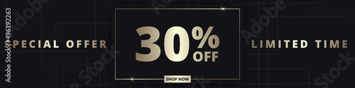 30 off sale banner. Special offer limited time 30 percent off. Sale discount offer. Luxury promotion banner with golden typography thirty percent discount on black background. Vector illustration