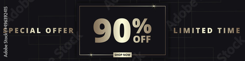 90 off sale banner. Special offer limited time 90 percent off. Sale discount offer. Luxury promotion banner with golden typography ninety percent discount on black background. Vector illustration