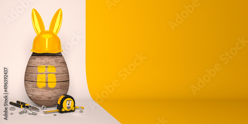 Canvas Print Yellow protective helmet with rabbit ears and an egg colored as a symbolic house