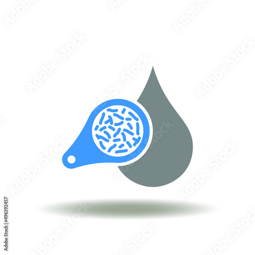 Vector illustration of water drop with magnifier and bacterium legionella. Symbol of legionella water test. Icon of legionnaire disease.