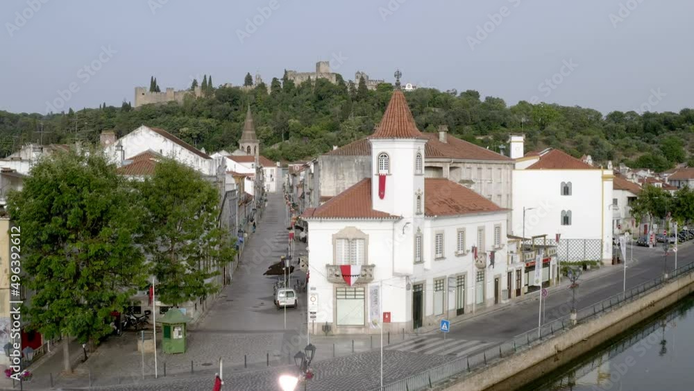 Tomar city drone aerial view with nabao river and christ convent, in Portugal Tomar city drone aerial view with nabao river and christ convent, in Portugal