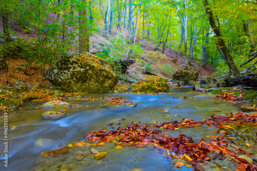 small mountain river with waterfall in mountain canyon  autumn outdoor mountain scene