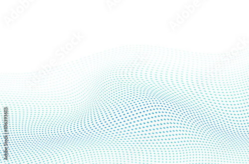 Abstract halftone background with a wavy surface of light blue dots on white Design