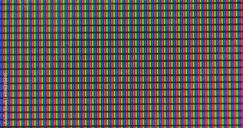 Monitor pixels in macro. Movement of letters and symbols. Visualization of the graphics of the monitor. Video transition. photo