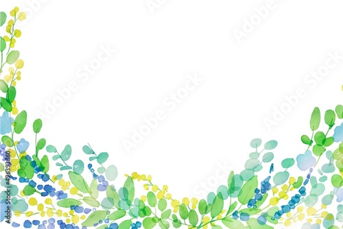 水彩画。水彩タッチの草木と花のフレーム。ラベンダーとミモザの装飾フレーム。透明水彩で描いた植物。Watercolor painting. Frame of plants, trees and flowers with watercolor touch. Decorative frame of lavender and mimosa. Plants painted with transparent 