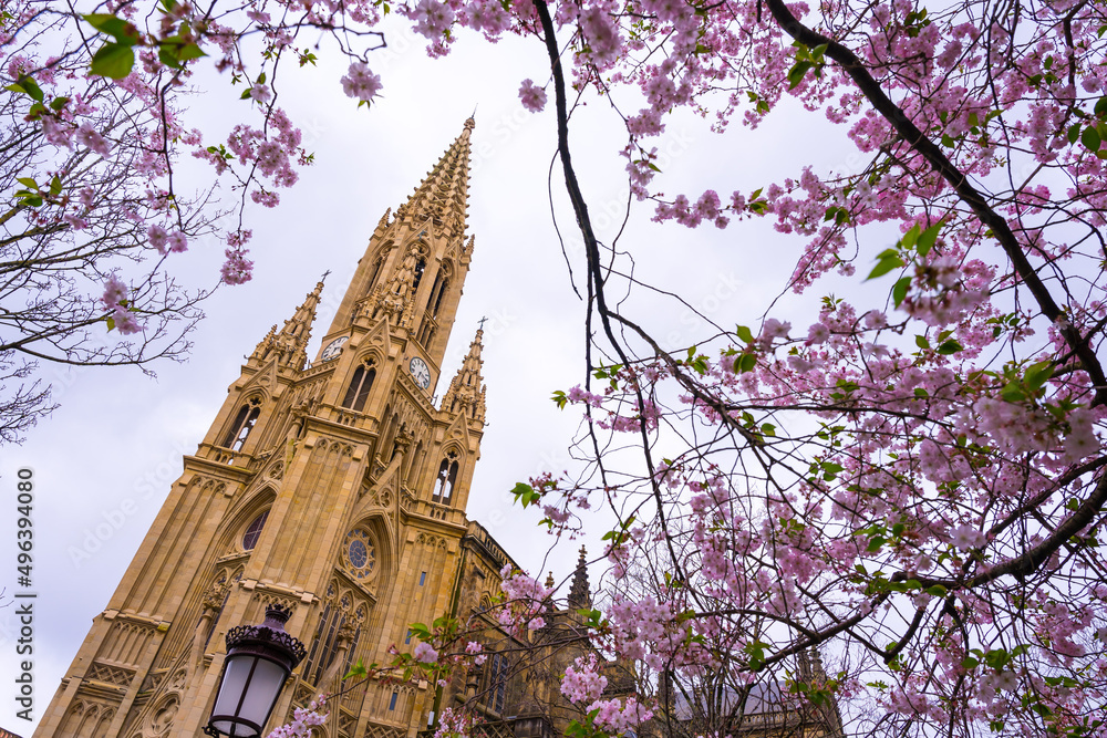 Church of the Good Shepherd among pink flowers in spring in the city of San Sebastian, Gipuzkoa. Spain